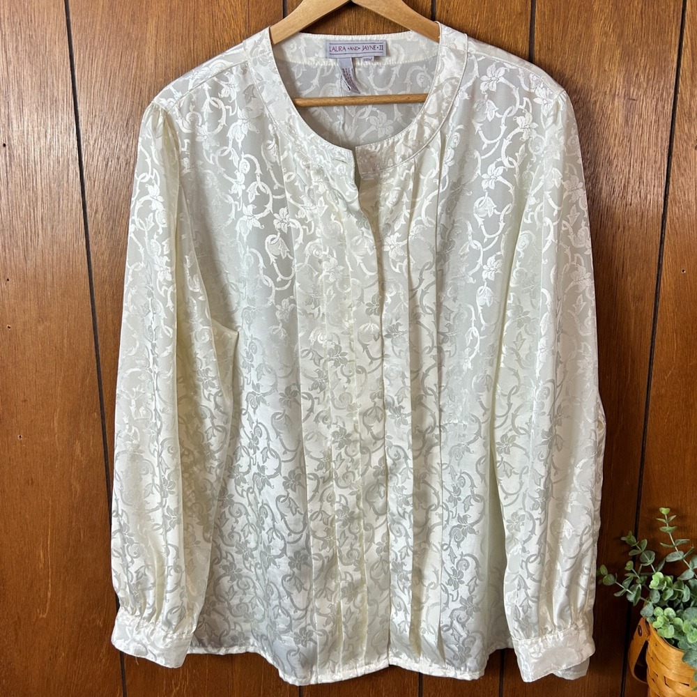 Vintage Laura and Jayne Womens 18W Ivory Floral Brocade‎ Button Front Blouse Top